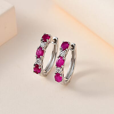 Premium Montepuez Ruby and Moissanite Hoop Earrings in Platinum Over Sterling Silver 1.50 ctw