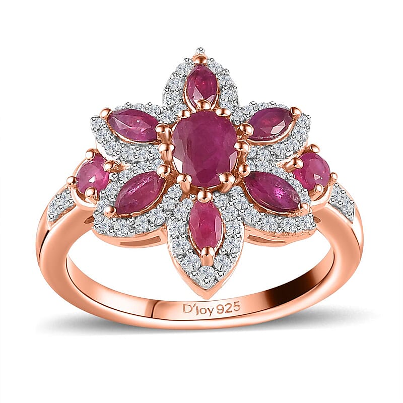 D'Joy Montepuez Ruby and White Zircon 1.85 ctw Floral Ring in Vermeil Rose Gold Over Sterling Silver (Size 6.0)