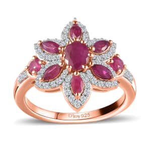 Premium Montepuez Ruby and White Zircon Floral Ring in Vermeil Rose Gold Over Sterling Silver (Size 6.0) 1.85 ctw