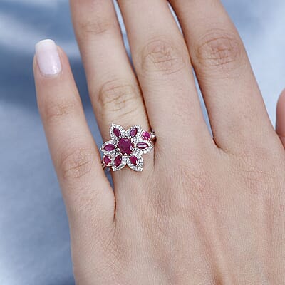 D'Joy Montepuez Ruby and White Zircon 1.85 ctw Floral Ring in Vermeil Rose Gold Over Sterling Silver (Size 6.0)