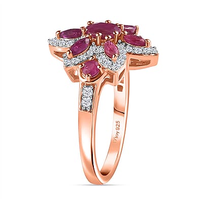 D'Joy Montepuez Ruby and White Zircon 1.85 ctw Floral Ring in Vermeil Rose Gold Over Sterling Silver (Size 6.0)