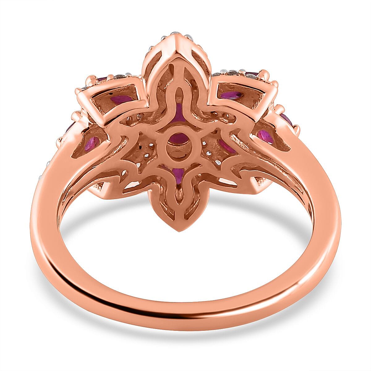 D'Joy Montepuez Ruby and White Zircon 1.85 ctw Floral Ring in Vermeil Rose Gold Over Sterling Silver (Size 6.0)