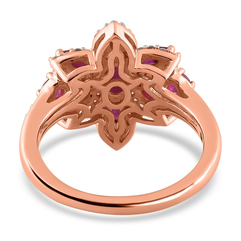 D'Joy Montepuez Ruby and White Zircon 1.85 ctw Floral Ring in Vermeil Rose Gold Over Sterling Silver (Size 6.0)