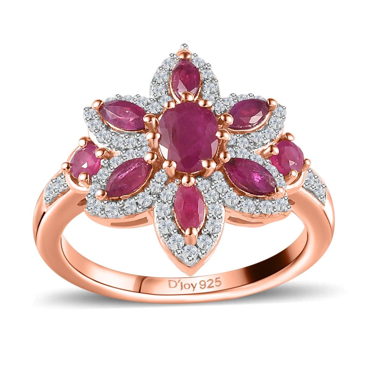 Montepuez Ruby and White Zircon 1.85 ctw Floral Ring in Vermeil Rose Gold Over Sterling Silver (Size 7.0) image number 0