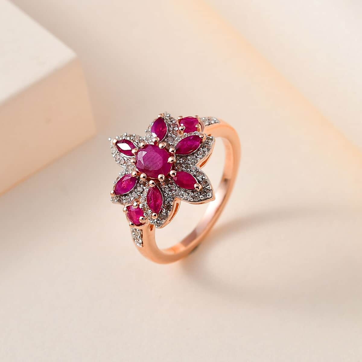 Montepuez Ruby and White Zircon 1.85 ctw Floral Ring in Vermeil Rose Gold Over Sterling Silver (Size 7.0) image number 1