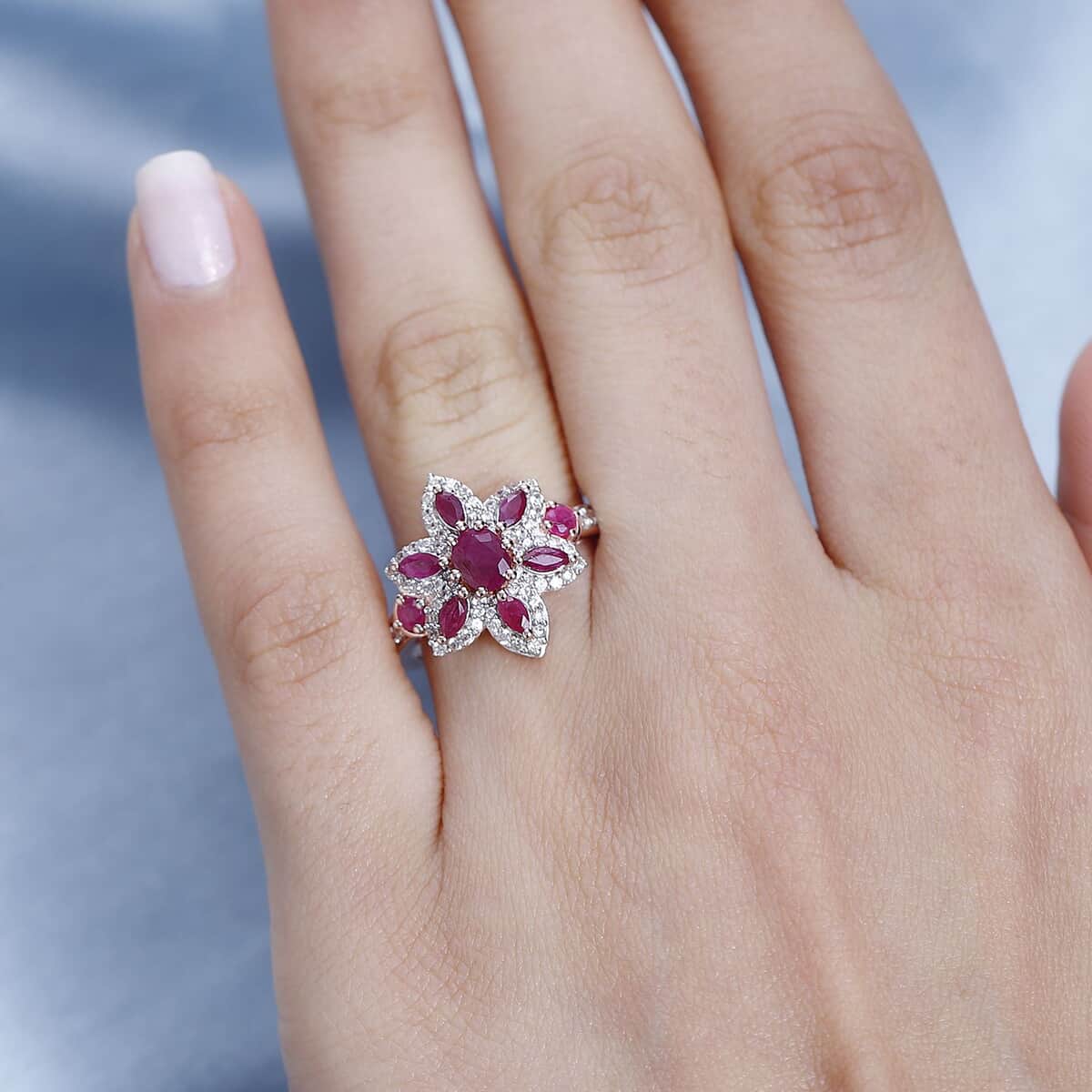 Montepuez Ruby and White Zircon 1.85 ctw Floral Ring in Vermeil Rose Gold Over Sterling Silver (Size 7.0) image number 2