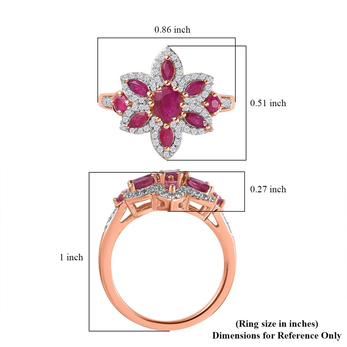 Montepuez Ruby and White Zircon 1.85 ctw Floral Ring in Vermeil Rose Gold Over Sterling Silver (Size 7.0) image number 5