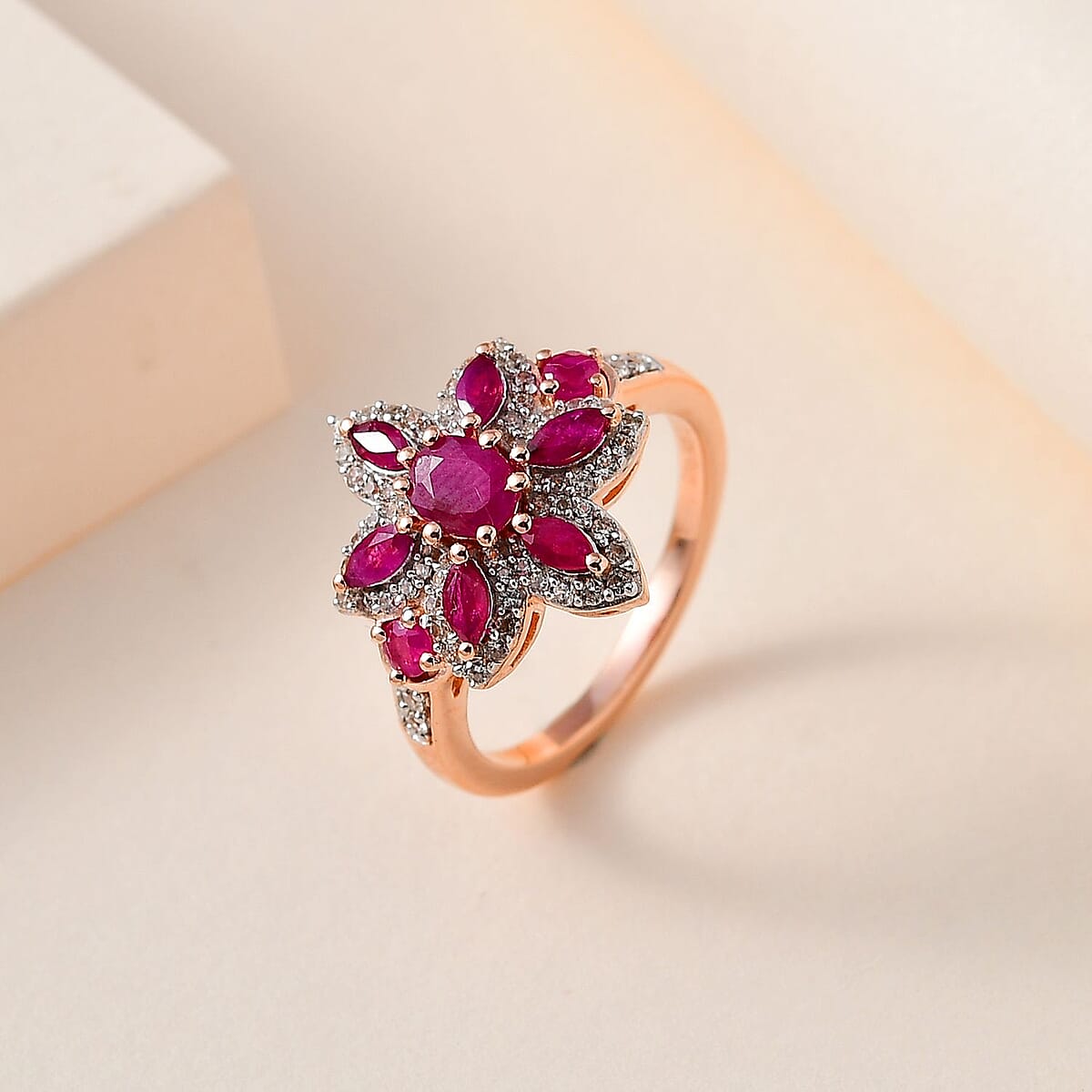Montepuez Ruby and White Zircon 1.85 ctw Floral Ring in Vermeil Rose Gold Over Sterling Silver (Size 8.0) image number 1