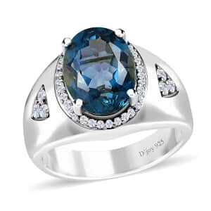 London Blue Topaz and Moissanite Men's Ring in Platinum Over Sterling Silver (Size 10.0) 8.10 ctw