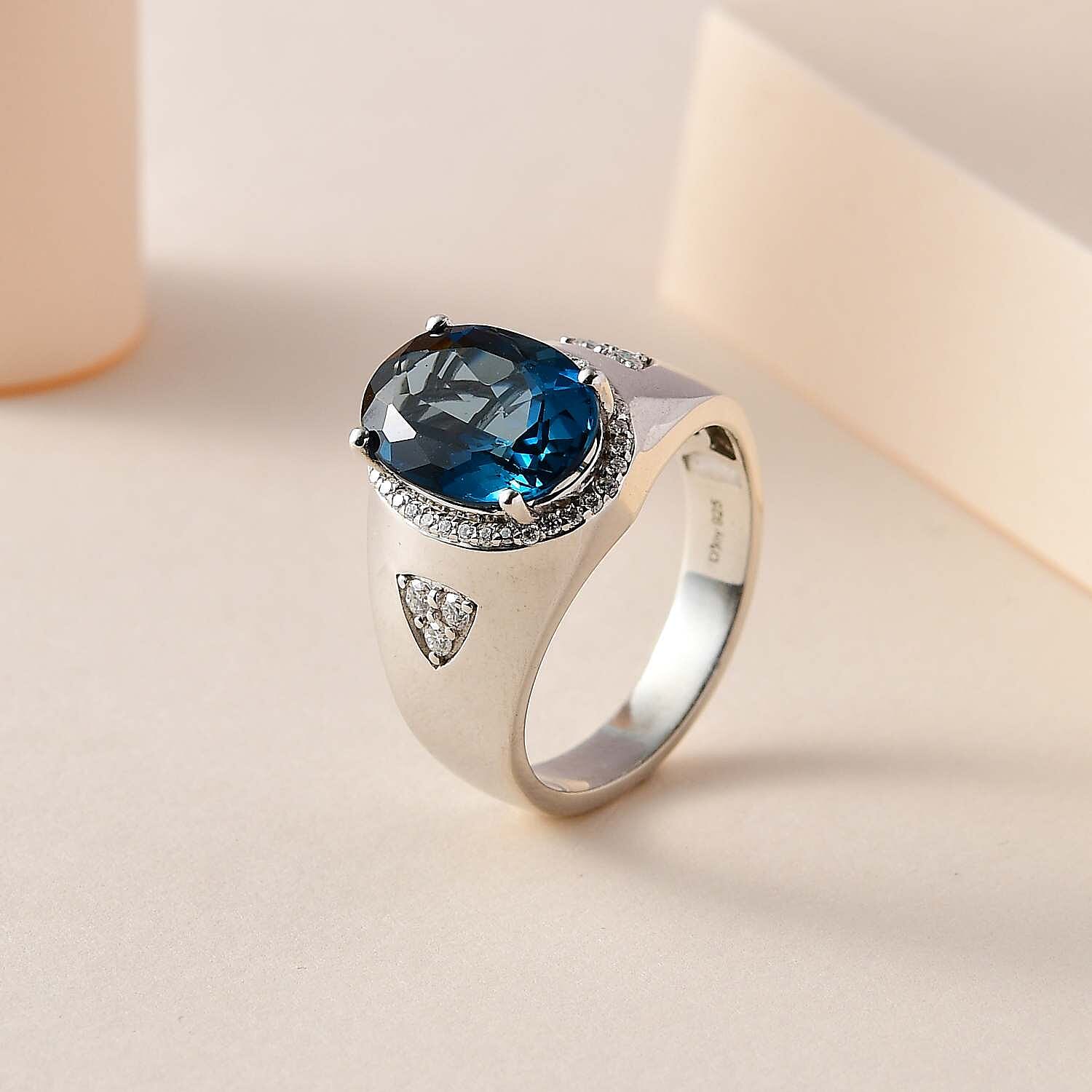 London Blue Topaz and Moissanite Men's Ring in Platinum Over Sterling Silver (Size 10.0) 8.10 ctw