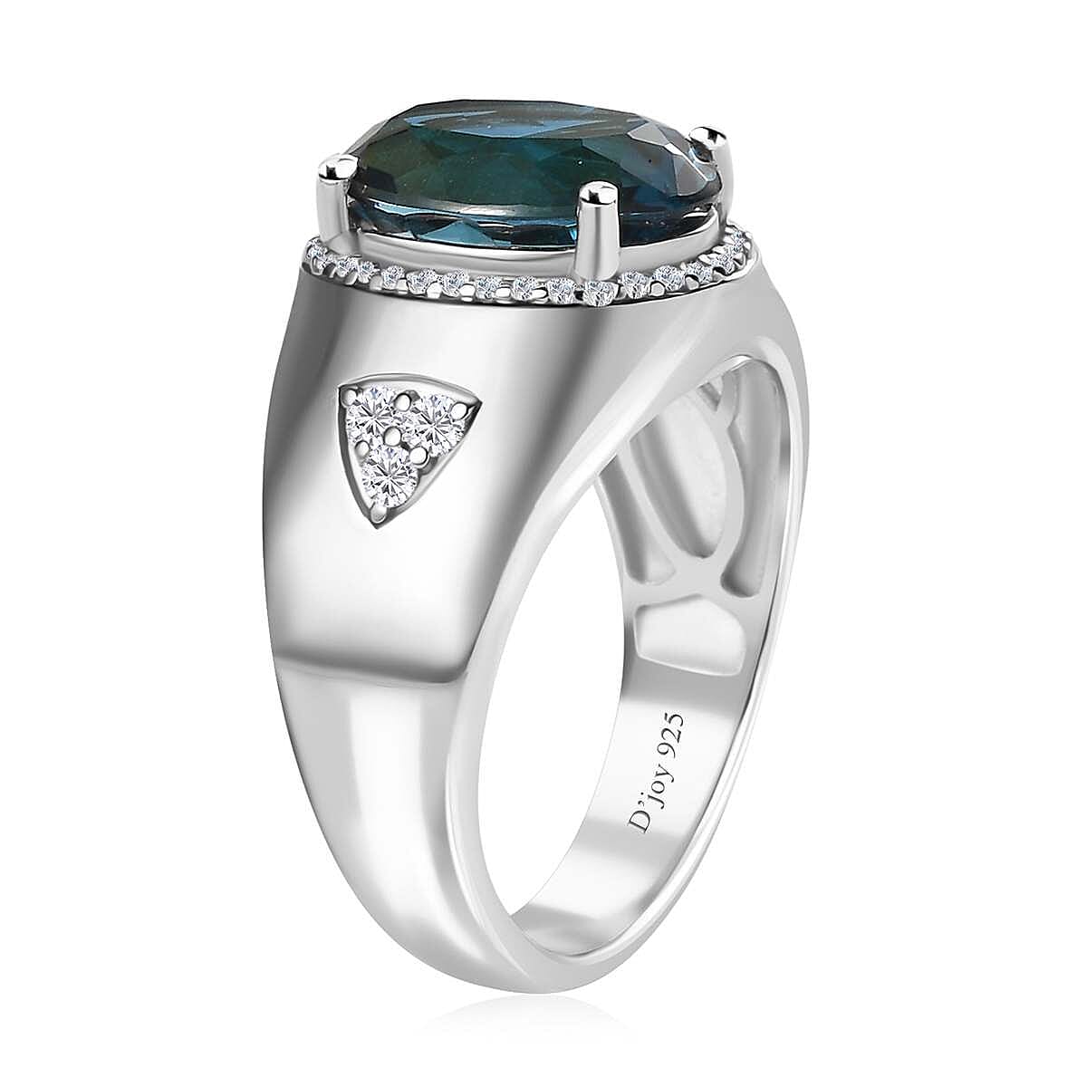 London Blue Topaz and Moissanite Men's Ring in Platinum Over Sterling Silver (Size 10.0) 8.10 ctw
