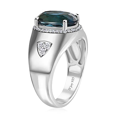 London Blue Topaz and Moissanite Men's Ring in Platinum Over Sterling Silver (Size 10.0) 8.10 ctw