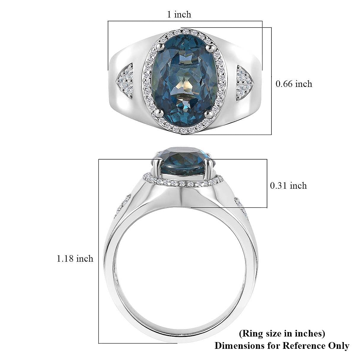 London Blue Topaz and Moissanite Men's Ring in Platinum Over Sterling Silver (Size 10.0) 8.10 ctw