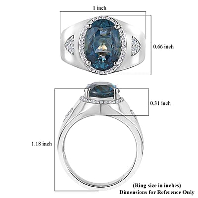 London Blue Topaz and Moissanite Men's Ring in Platinum Over Sterling Silver (Size 10.0) 8.10 ctw