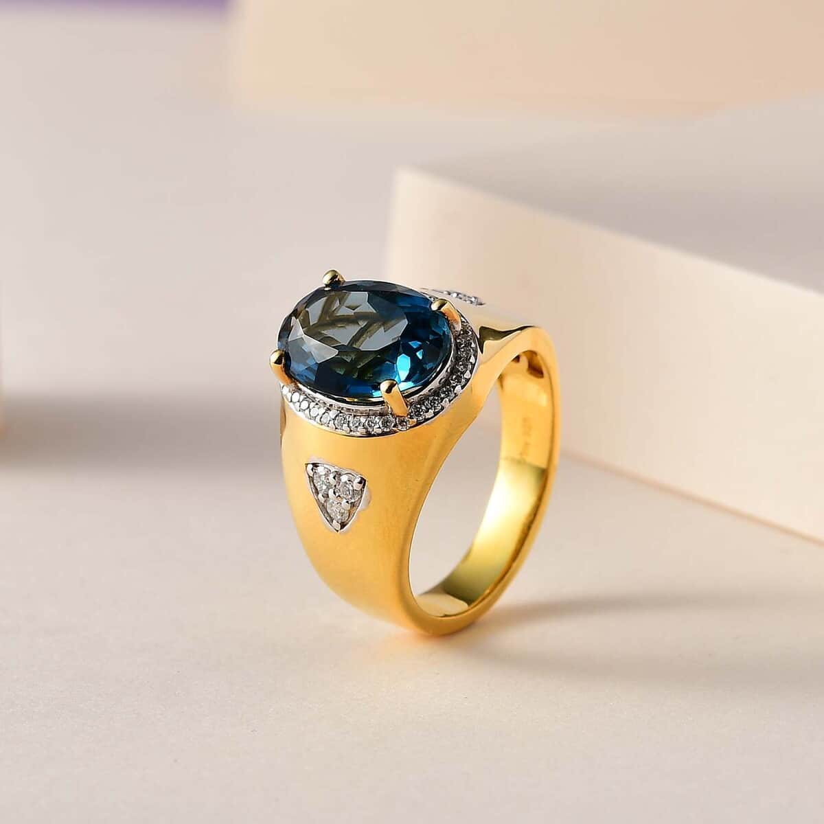 London Blue Topaz and Moissanite Men's Ring in Vermeil Yellow Gold Over Sterling Silver (Size 12.0) 8.10 ctw image number 1