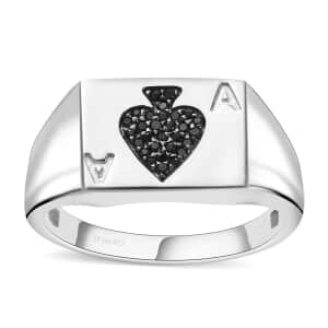 Thai Black Spinel Ace of Spades Card Signet Ring in Platinum Over Sterling Silver (Size 10.0) 0.25 ctw