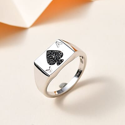 Thai Black Spinel Ace of Spades Card Signet Ring in Platinum Over Sterling Silver (Size 10.0) 0.25 ctw