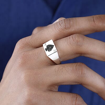 Thai Black Spinel Ace of Spades Card Signet Ring in Platinum Over Sterling Silver (Size 10.0) 0.25 ctw