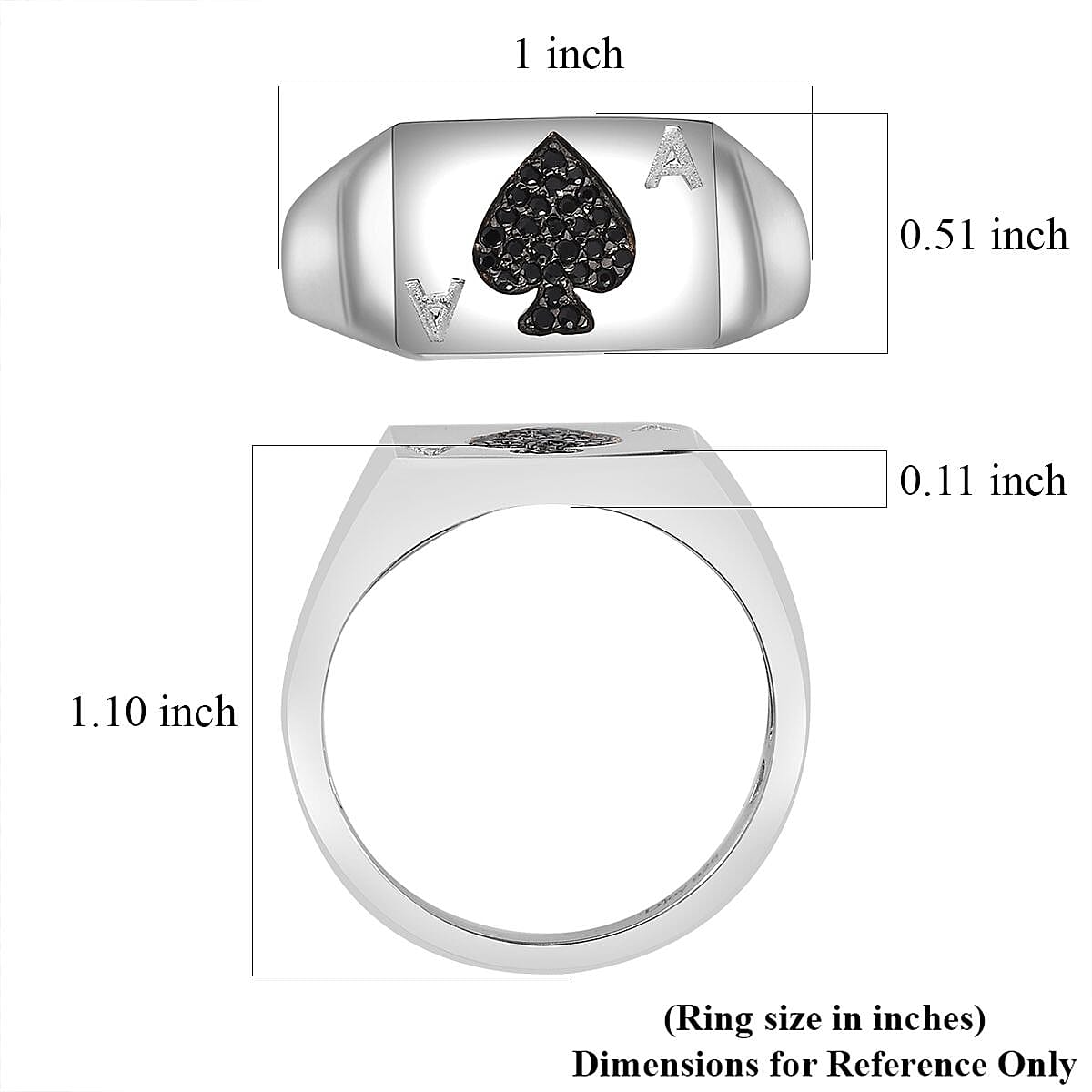 Thai Black Spinel Ace of Spades Card Signet Ring in Platinum Over Sterling Silver (Size 10.0) 0.25 ctw
