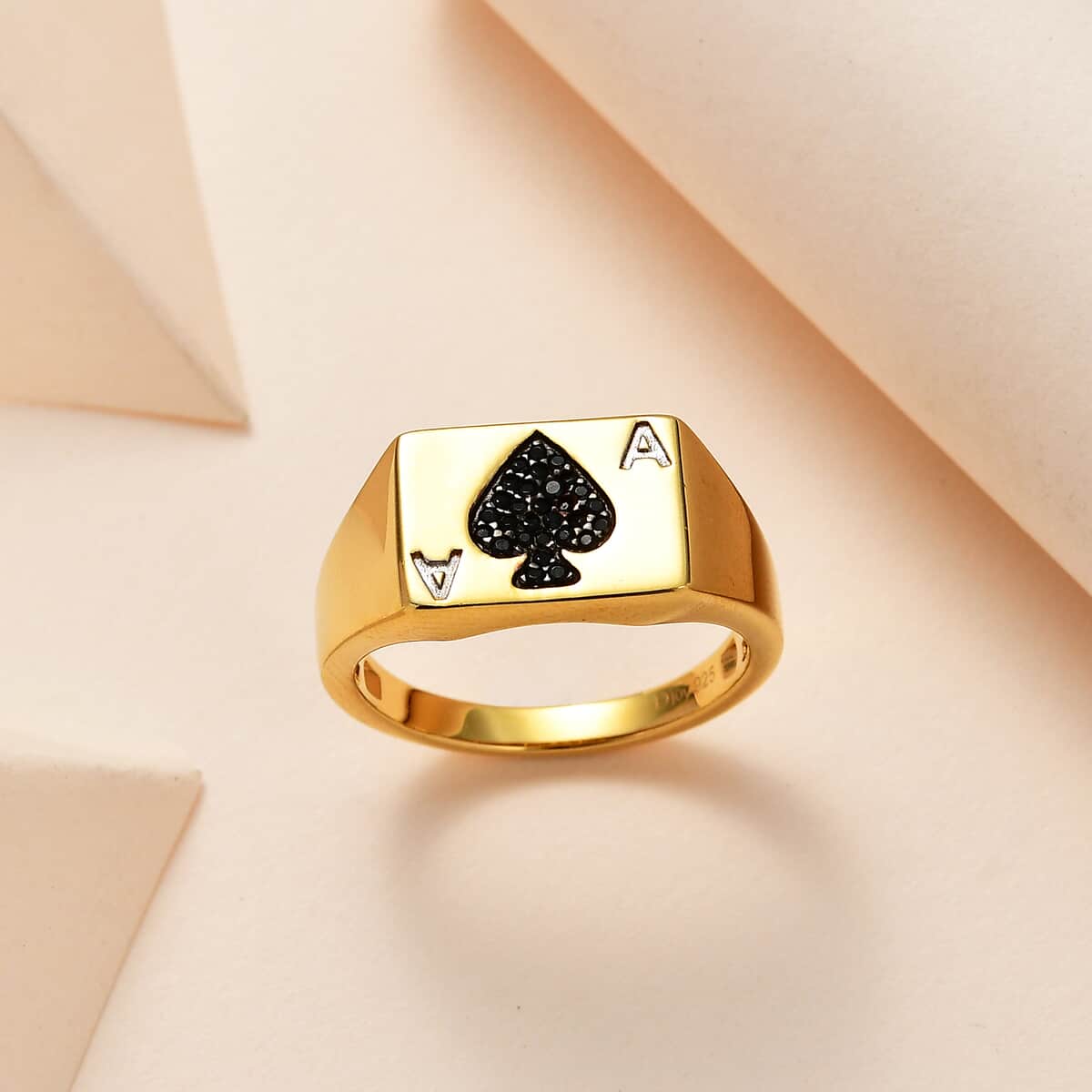 Thai Black Spinel Deck of Cards Spade Symbol Signet Men's Ring in Vermeil Yellow Gold Over Sterling Silver (Size 10.0) 0.25 ctw image number 1