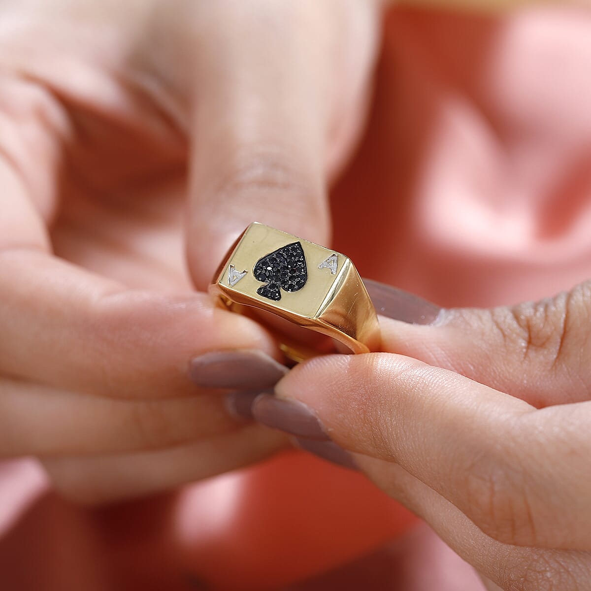 Thai Black Spinel Deck of Cards Spade Symbol Signet Men's Ring in Vermeil Yellow Gold Over Sterling Silver (Size 13.0) 0.25 ctw image number 2