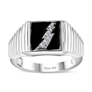 Moissanite Men's Lightning Signet Ring in Platinum Over Sterling Silver (Size 10.0) 0.10 ctw