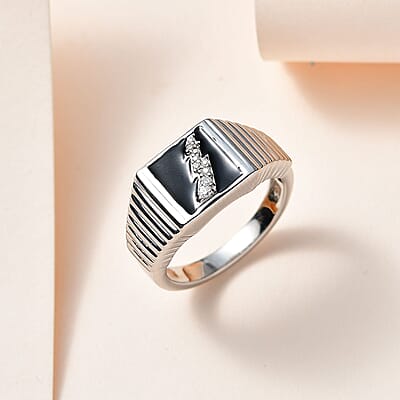 Moissanite Men's Lightning Signet Ring in Platinum Over Sterling Silver (Size 10.0) 0.10 ctw