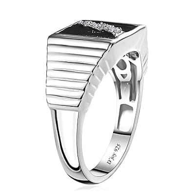Moissanite Men's Lightning Signet Ring in Platinum Over Sterling Silver (Size 10.0) 0.10 ctw