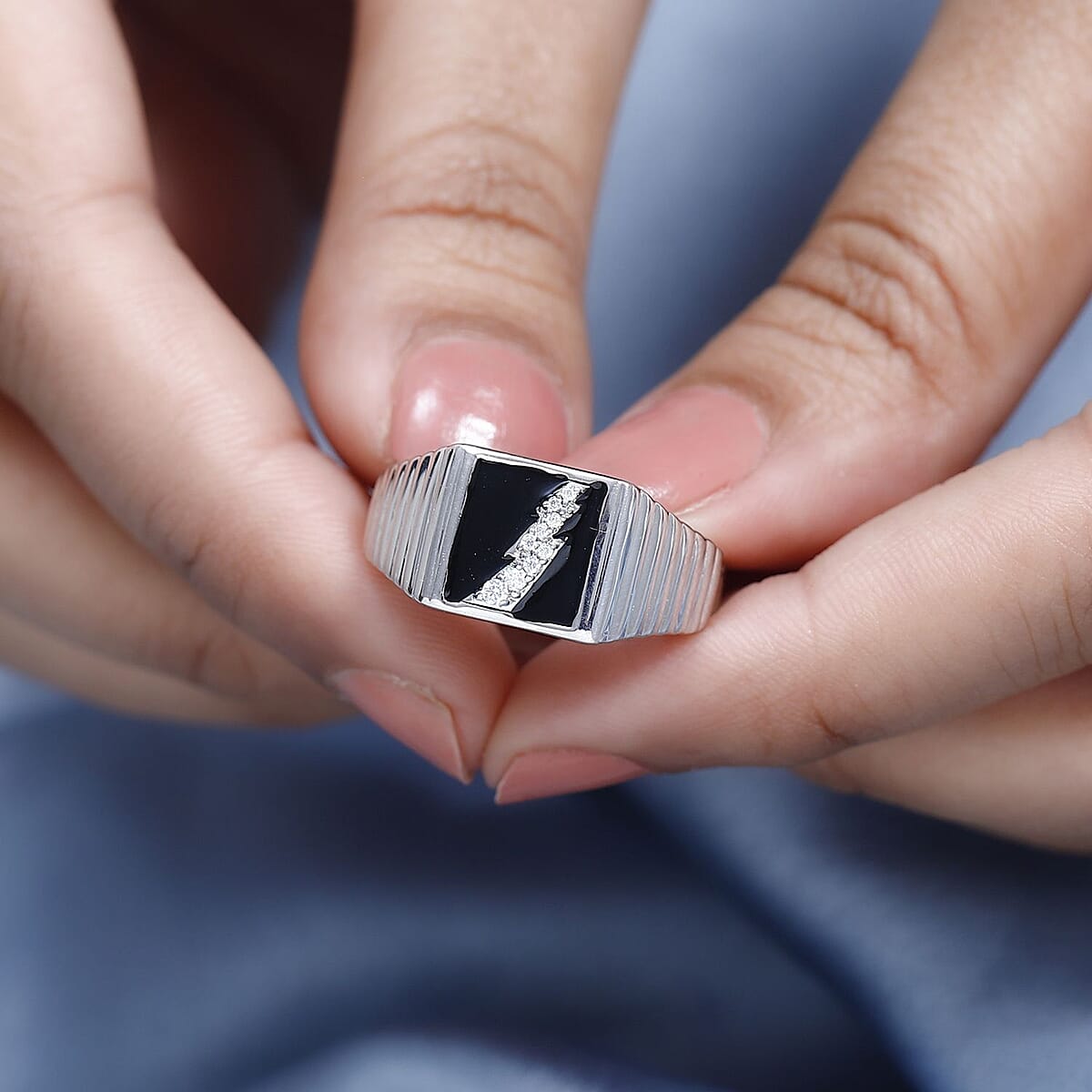 Moissanite Men's Lightning Signet Ring in Platinum Over Sterling Silver (Size 12.0) 0.10 ctw image number 2