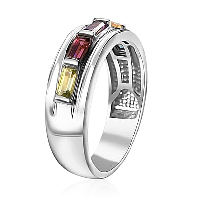 Multi Gemstone Men's Ring in Platinum Over Sterling Silver (Size 10.0) 1.20 ctw