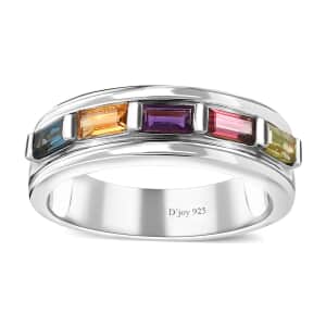 Multi Gemstone Men's Ring in Platinum Over Sterling Silver (Size 11.0) 1.20 ctw