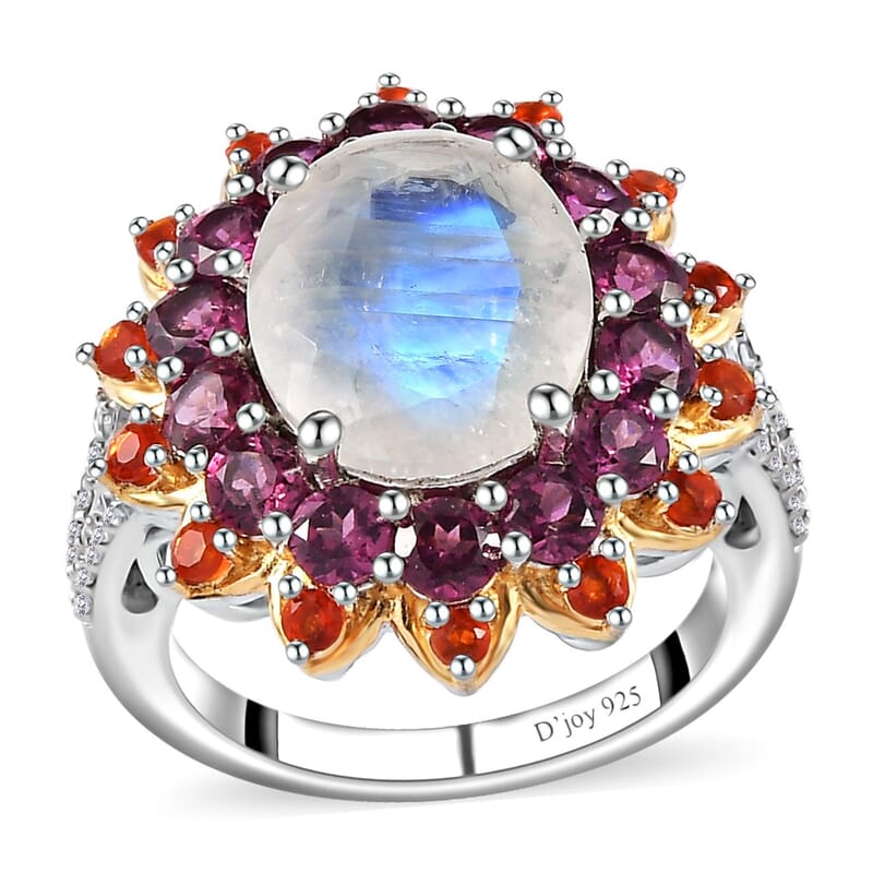 Premium Rainbow Moonstone and Multi Gemstone 7.50 ctw Floral Ring in Vermeil YG and Platinum Over Sterling Silver (Size 10.0)
