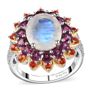 Premium Rainbow Moonstone and Multi Gemstone Floral Ring in Vermeil YG and Platinum Over Sterling Silver (Size 10.0) 7.50 ctw