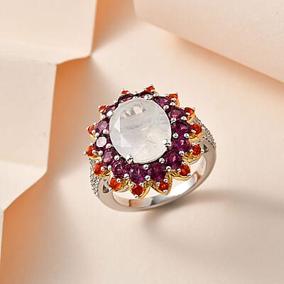 Premium Rainbow Moonstone and Multi Gemstone 7.50 ctw Floral Ring in Vermeil YG and Platinum Over Sterling Silver (Size 10.0)
