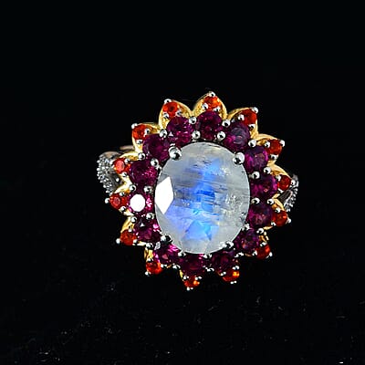Premium Rainbow Moonstone and Multi Gemstone 7.50 ctw Floral Ring in Vermeil YG and Platinum Over Sterling Silver (Size 10.0)