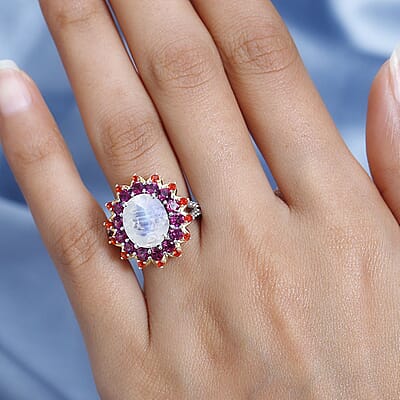 Premium Rainbow Moonstone and Multi Gemstone 7.50 ctw Floral Ring in Vermeil YG and Platinum Over Sterling Silver (Size 10.0)