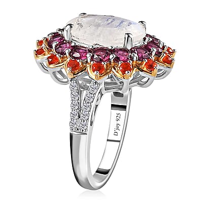 Premium Rainbow Moonstone and Multi Gemstone 7.50 ctw Floral Ring in Vermeil YG and Platinum Over Sterling Silver (Size 10.0)