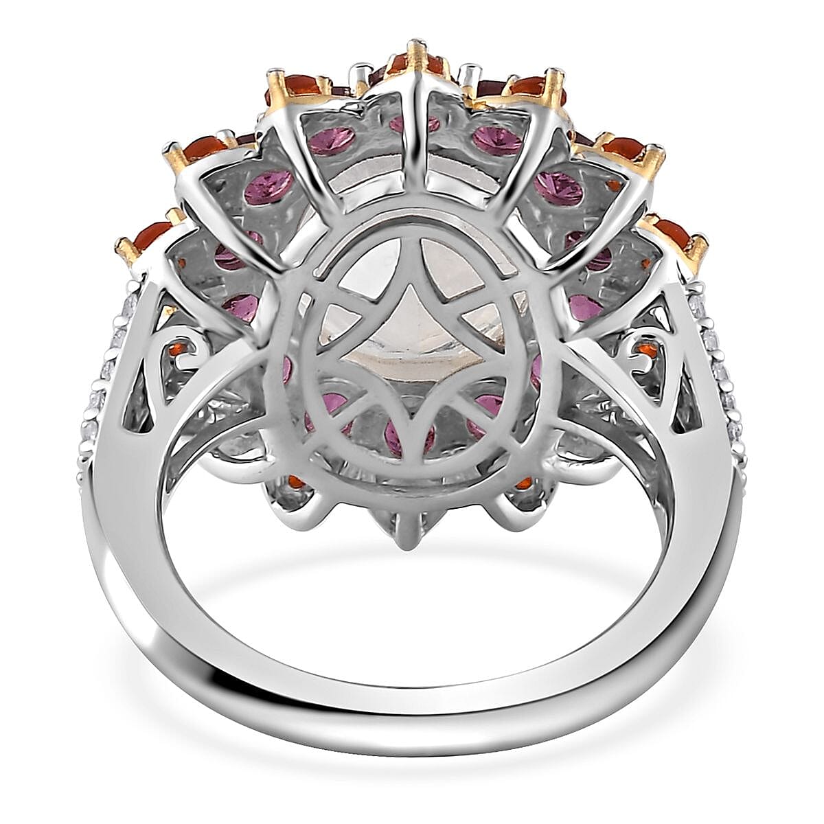 Premium Rainbow Moonstone and Multi Gemstone 7.50 ctw Floral Ring in Vermeil YG and Platinum Over Sterling Silver (Size 10.0)