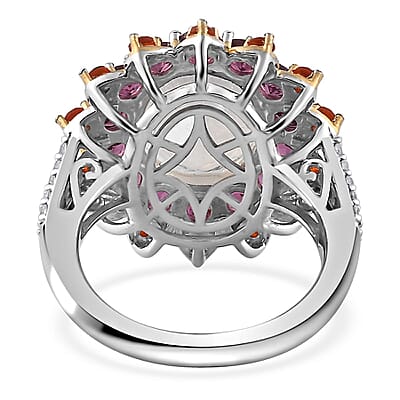 Premium Rainbow Moonstone and Multi Gemstone 7.50 ctw Floral Ring in Vermeil YG and Platinum Over Sterling Silver (Size 10.0)