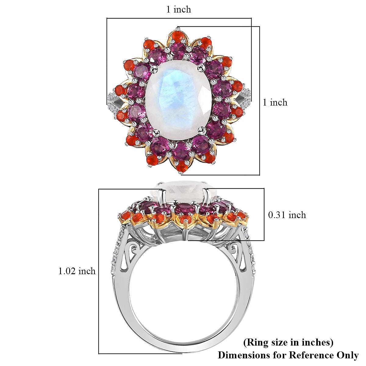 Premium Rainbow Moonstone and Multi Gemstone 7.50 ctw Floral Ring in Vermeil YG and Platinum Over Sterling Silver (Size 10.0)