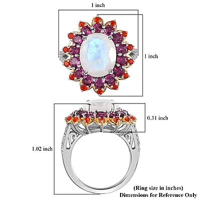 Premium Rainbow Moonstone and Multi Gemstone 7.50 ctw Floral Ring in Vermeil YG and Platinum Over Sterling Silver (Size 10.0)