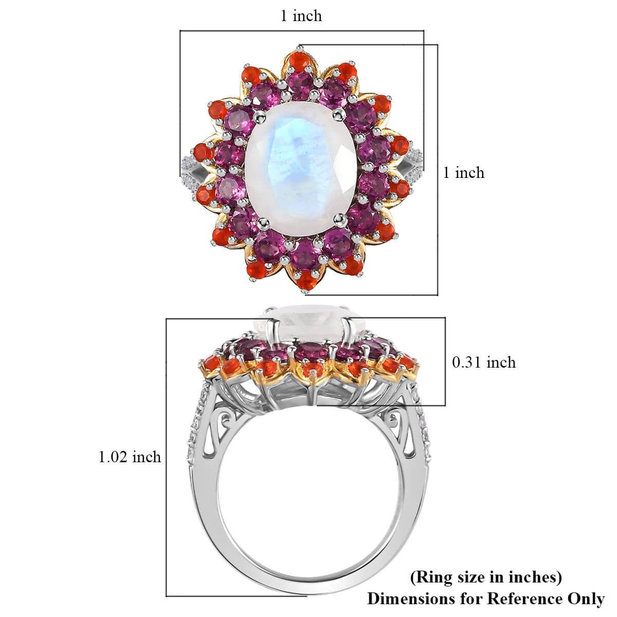 Premium Rainbow Moonstone and Multi Gemstone Floral Ring in Vermeil YG and Platinum Over Sterling Silver (Size 10.0) 7.50 ctw image number 6