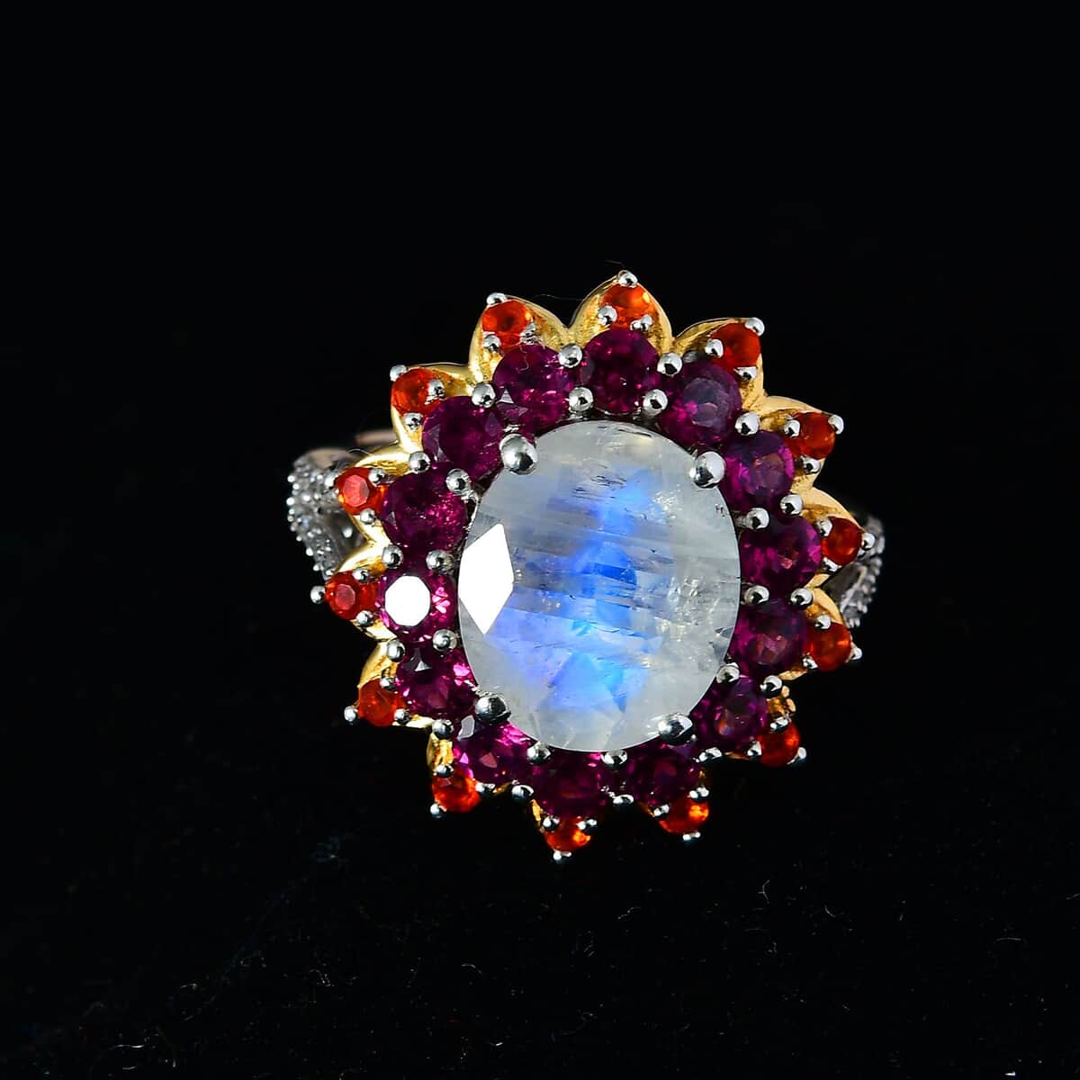 Premium Moon Glow Moonstone and Multi Gemstone 7.50 ctw Floral Ring in Vermeil YG and Platinum Over Sterling Silver (Size 7.0) image number 2