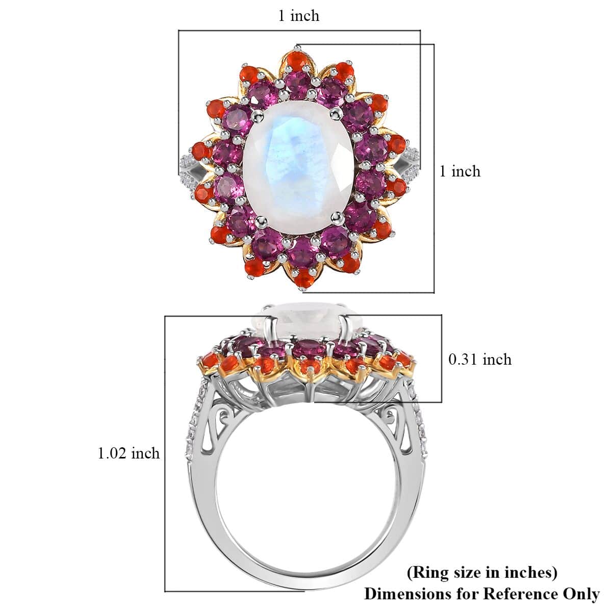 Premium Moon Glow Moonstone and Multi Gemstone 7.50 ctw Floral Ring in Vermeil YG and Platinum Over Sterling Silver (Size 7.0) image number 6