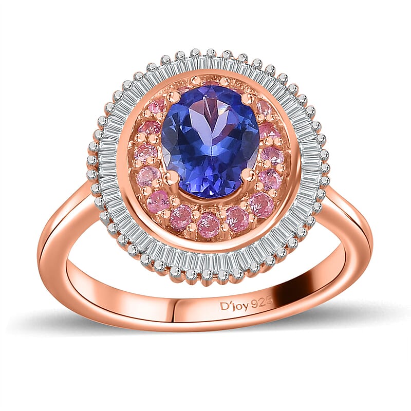AAA Tanzanite, Madagascar Pink Sapphire and Diamond 1.50 ctw Double Halo Ring in Vermeil Rose Gold Over Sterling Silver (Size 6.0)