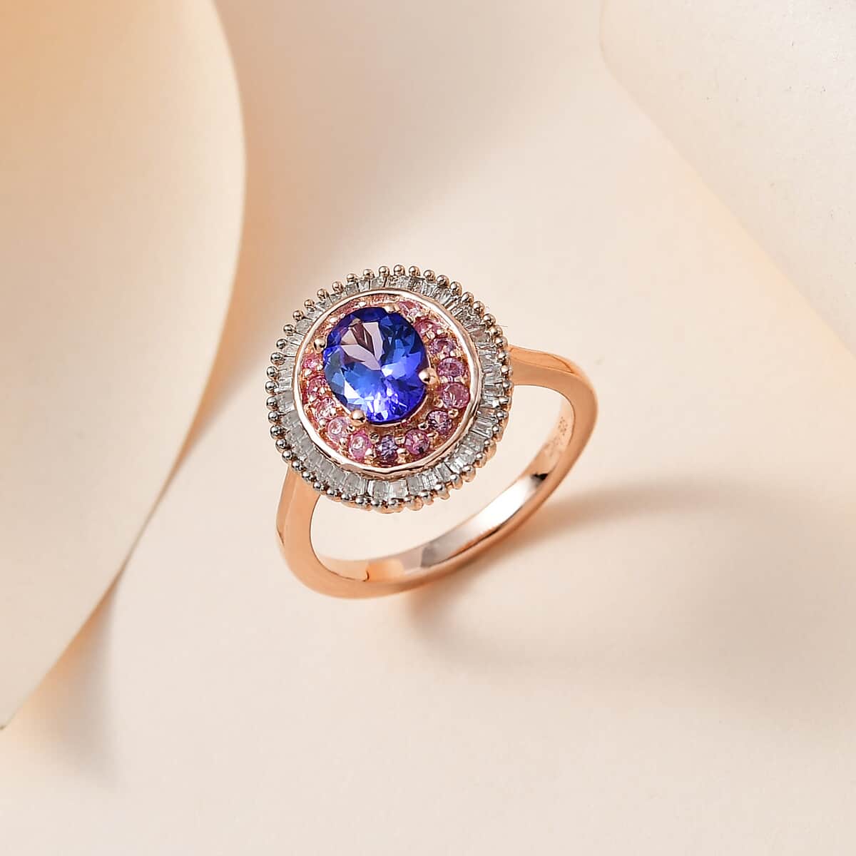 AAA Tanzanite, Madagascar Pink Sapphire and Diamond Ring in Vermeil Rose Gold Over Sterling Silver (Size 6.0) 1.50 ctw image number 1