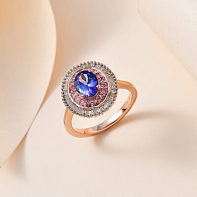 AAA Tanzanite, Madagascar Pink Sapphire and Diamond 1.50 ctw Double Halo Ring in Vermeil Rose Gold Over Sterling Silver (Size 6.0)