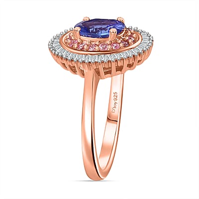 AAA Tanzanite, Madagascar Pink Sapphire and Diamond 1.50 ctw Double Halo Ring in Vermeil Rose Gold Over Sterling Silver (Size 6.0)