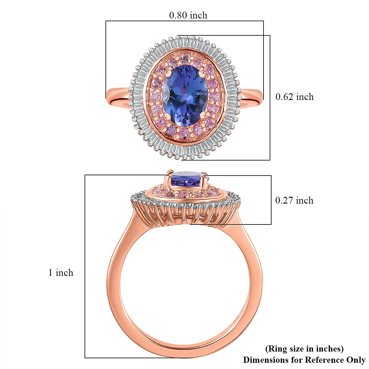 AAA Tanzanite, Madagascar Pink Sapphire and Diamond 1.50 ctw Double Halo Ring in Vermeil Rose Gold Over Sterling Silver (Size 6.0)
