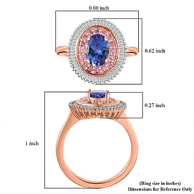 AAA Tanzanite, Madagascar Pink Sapphire and Diamond 1.50 ctw Double Halo Ring in Vermeil Rose Gold Over Sterling Silver (Size 6.0)